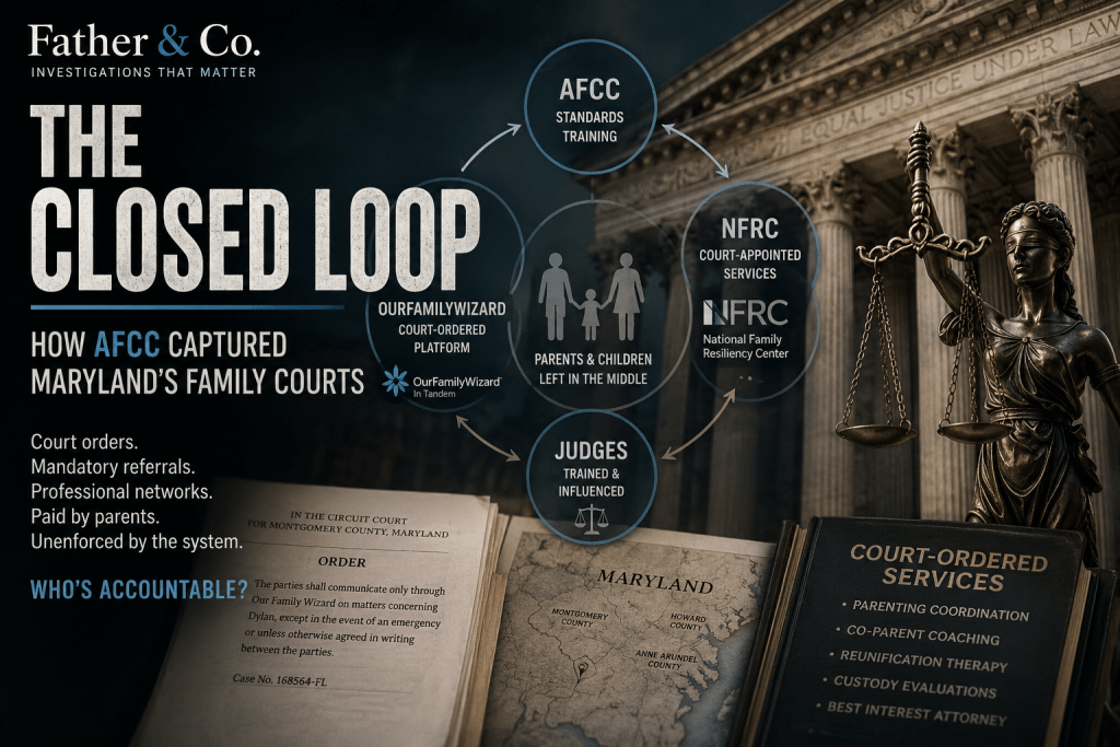 Infographic explaining how AFCC has influenced Maryland's family courts, featuring elements like court orders, parenting coordination, and the role of judges and services like OurFamilyWizard.