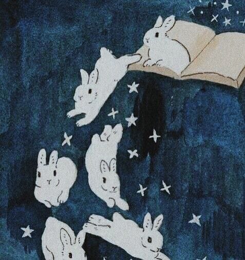 This may contain: an illustration of rabbits flying over a book with stars in the sky above them and on top of it