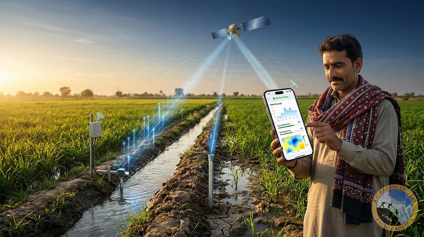 تصوير ۾ هڪ سنڌي آبادگار پنهنجي ٻنيءَ ۾ بيٺو آهي ۽ هٿ ۾ اسمارٽ فون جهليو بيٺو آهي، جنهن جي اسڪرين تي سيٽلائيٽ کان مليل پاڻيءَ جي استعمال ۽ ضايع ٿيڻ بابت ڊيٽا ۽ گراف نظر اچي رهيا آهن۔ زمين تي پاڻيءَ جي وهڪري جو سينسر ۽ پيزوميٽر لڳل آهن، جيڪي ڊيٽا مٿي آسمان ۾ نظر ايندڙ سيٽلائيٽ ڏانهن موڪلي رهيا آهن۔