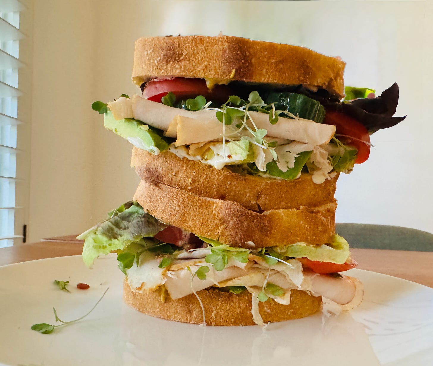 Jan's Health Bar inspired, Turkey, Sandwich with Turkey, microgreens, cucumber, tomatoes, Spike seasoning, ciabatta bread, avocado, and a drizzle of the herb vinaigrette used on Jan's classic salad.