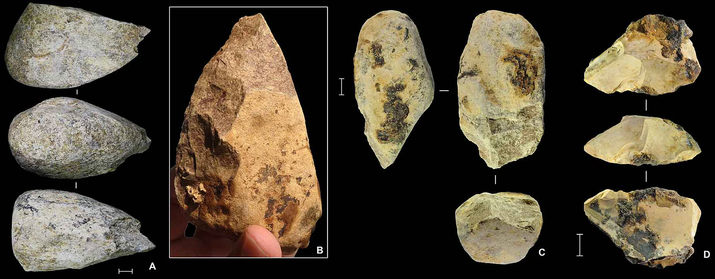 Photos of three stone artifacts, bearing multiple flake scars and pointed ends