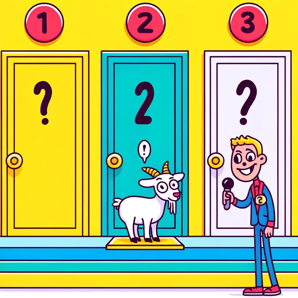 A cartoon image of the Monty Hall problem. [DALL-E]
