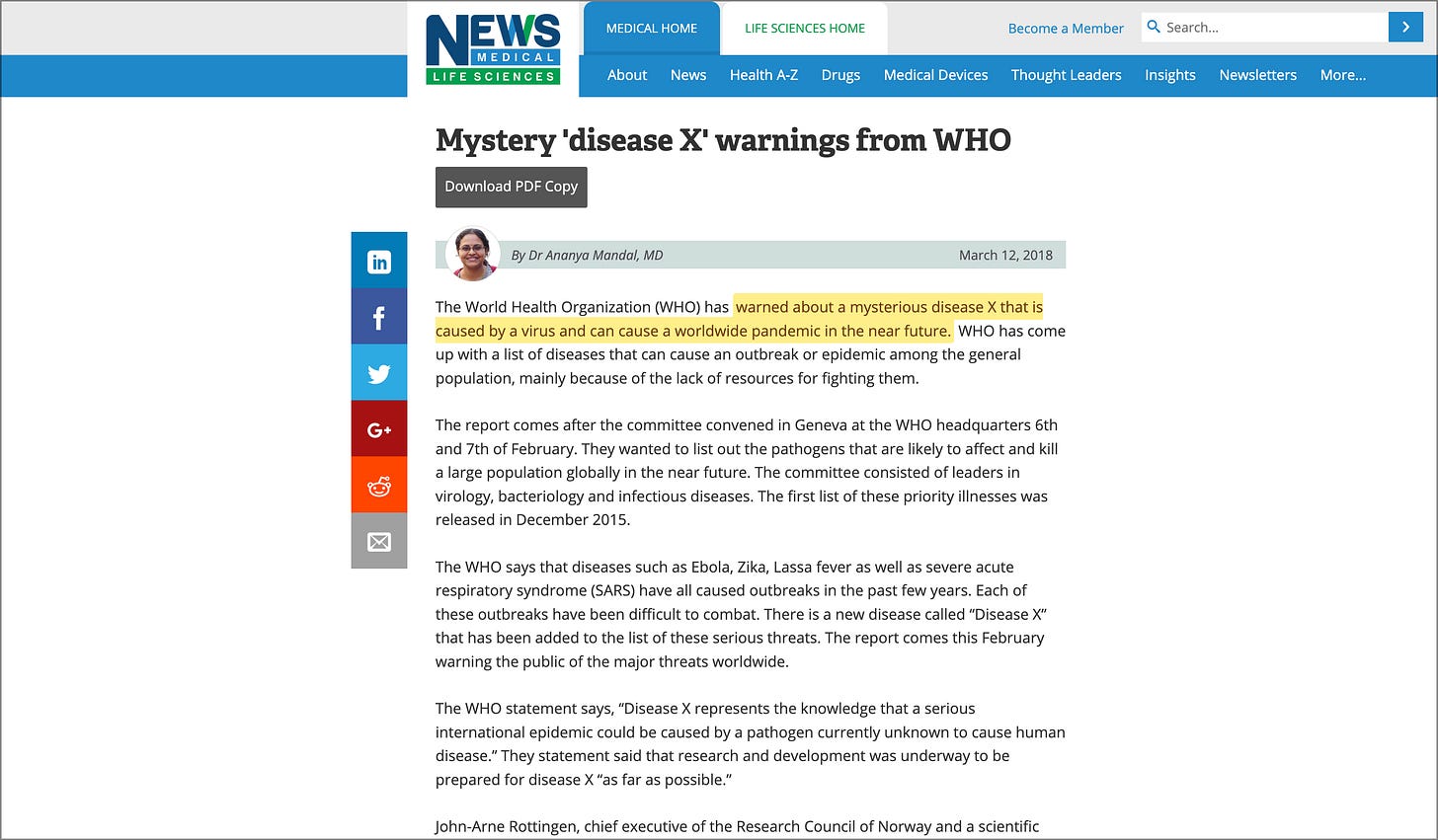 Screenshot of a February 2018 news article reporting that the World Health Organization had issued a warning about a potential unknown pathogen, dubbed ‘Disease X,’ capable of causing a global epidemic.