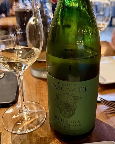 A gallery of three wine bottles featured in this newsletter: Tempo d'Angelus Bordeaux, Tenuta Tascante Carricante 'Buonora' Etna Bianco, and La Peña Milsetentayseis rosado, each photographed in the setting where it was enjoyed.