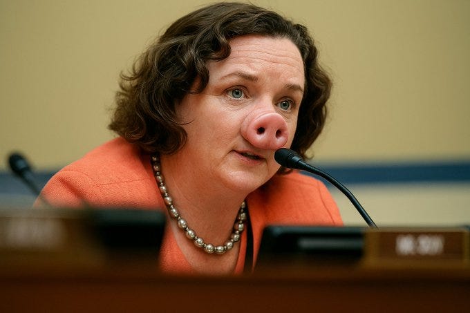 Woman with brown curly hair and wide eyes, wearing orange blazer and pearl necklace, has pink pig nose attached to her face, speaking into black microphone at wooden desk with nameplate in formal setting with beige walls and another microphone visible.