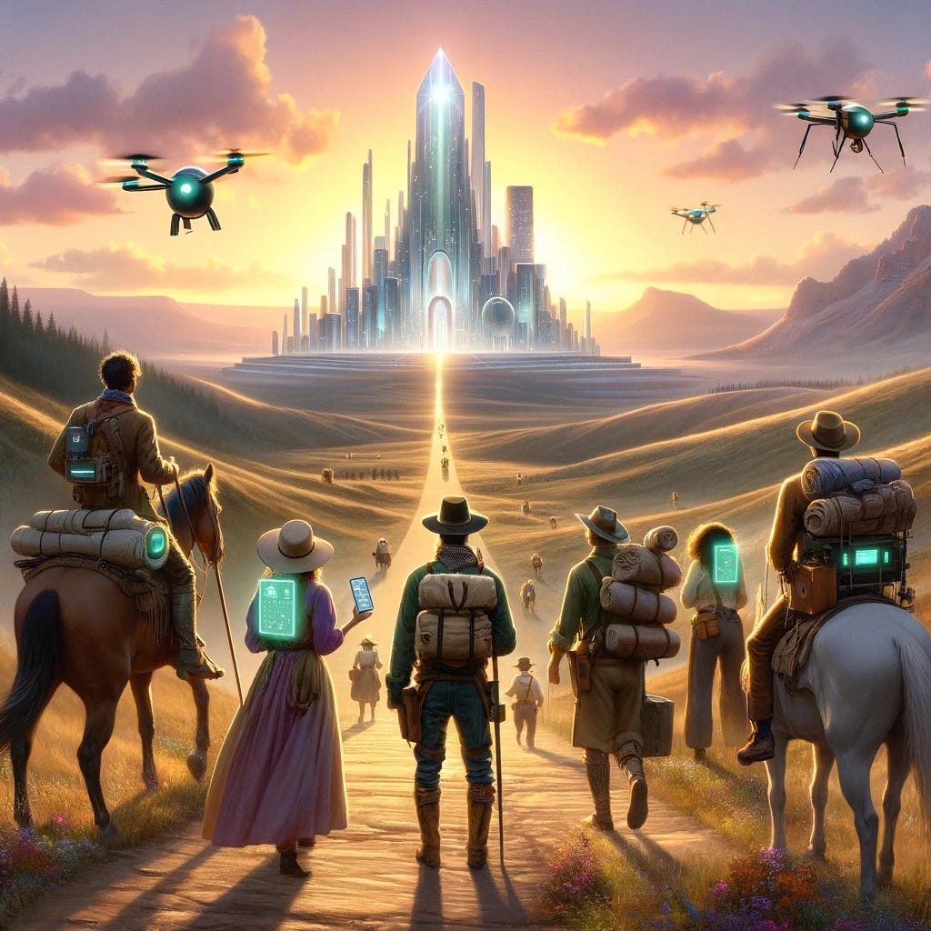Visualize a modern reinterpretation of the Oregon Trail, where pioneers are technologists and innovators, equipped with futuristic gadgets and wearables, embarking on a journey towards a promised land symbolized by a monumental, gleaming AI citadel. The group is diverse, including figures in smart clothing that adapts to environmental conditions, augmented reality glasses, and portable tech devices that keep them connected to the digital world. Their mode of transportation is a mix of solar-powered vehicles, drones carrying supplies, and robots designed for terrain navigation. The trail they follow is lit by smart, energy-efficient lighting, guiding them through a landscape that blends untouched natural beauty with advanced, sustainable technologies. In the distance, the AI citadel stands tall, a beacon of innovation and hope, its architecture a perfect amalgamation of organic forms and cutting-edge design, emitting a soft, pulsating glow. This scene embodies the pioneering spirit of venturing into the unknown, driven by the promise of AI to forge a better future.