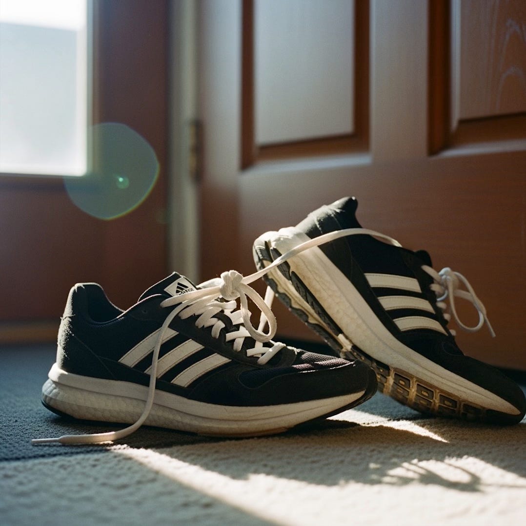 Adidas running shoes left by the door with their laces tied together in a knot, as if they had tried to walk off on their own. Natural light, candid film-style photo.