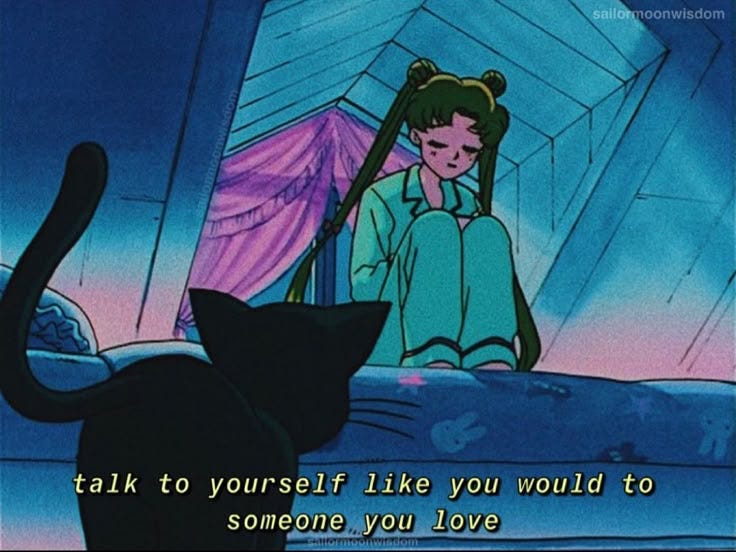 This may contain: an animated image of a woman and a cat with the caption, talk to yourself like you would to someone you love