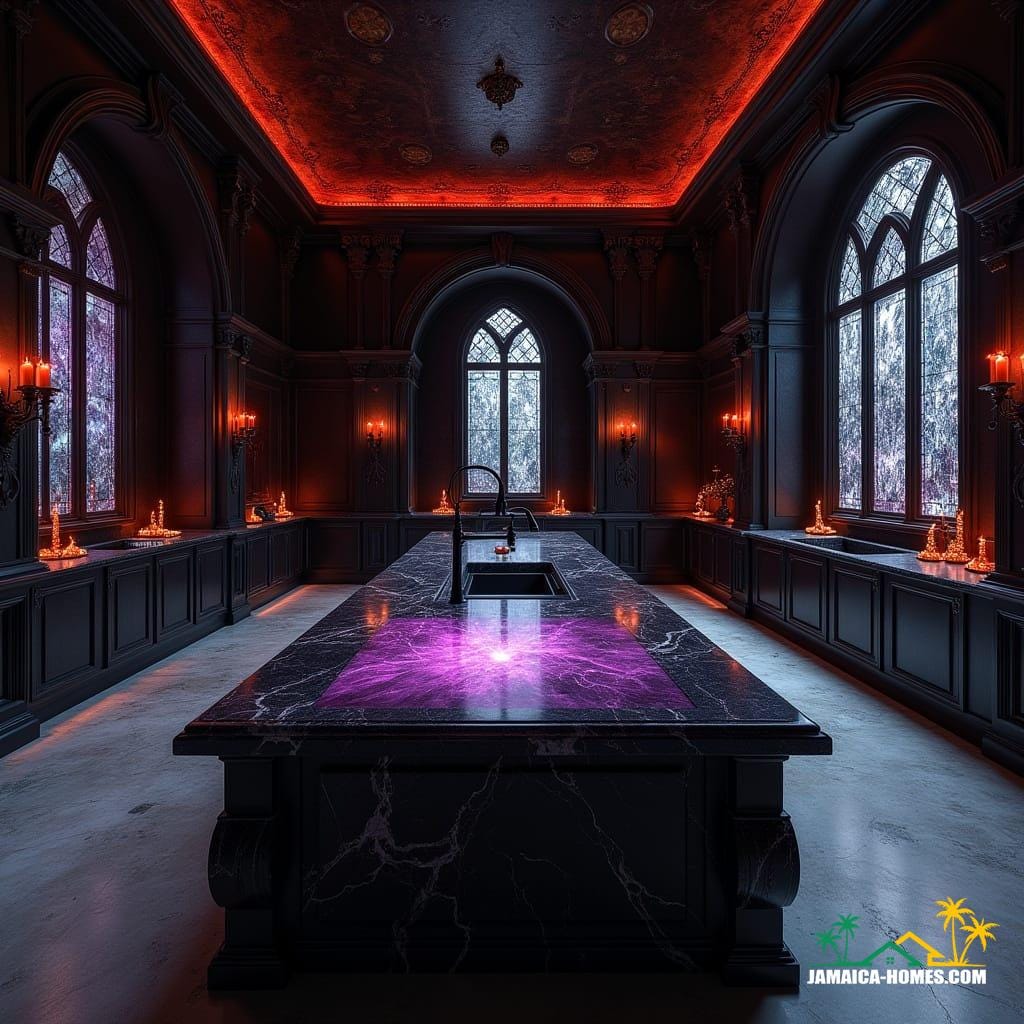 A grand, Gothic-style futuristic kitchen in a luxurious Caribbean villa, blending dark stone textures, intricate iron details, and cutting-edge technology. The central island, made of black marble with deep purple and crimson veins, functions as a living 3D display, showing shifting gothic imagery—twisting mist, slow-moving ravens, flickering candlelight reflections, or a mystical forest at night. The sink is seamlessly embedded into the island, with black matte fixtures and glowing red LED accents. The towering archways and dark wooden cabinets have holographic panels displaying animated gothic cathedral windows with stained glass scenes that subtly shift. The dim lighting is accentuated by digital flickering torches and hanging wrought-iron chandeliers with moving flame effects, creating an eerie yet luxurious ambiance.