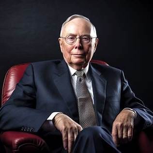 白发戴眼镜的老人坐在红色皮革扶手椅上，身穿深色西装，穿着白衬衫，打着条纹领带，双手放在扶手上，背景为黑暗的工作室。