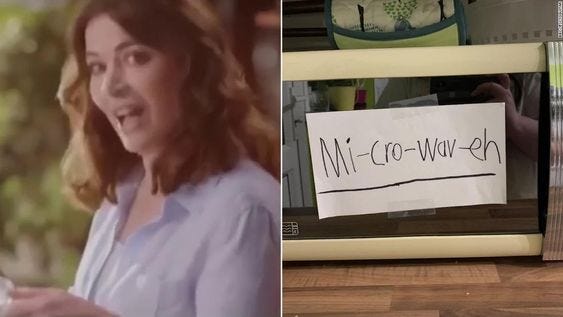 This may contain: a woman standing in front of a microwave next to a sign that reads mr crock - wafer