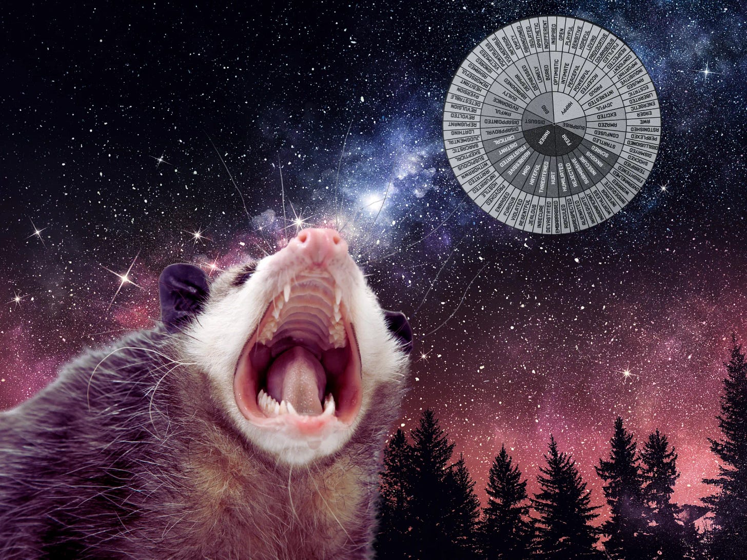 possum screaming at a feelings wheel moon against a starry sky