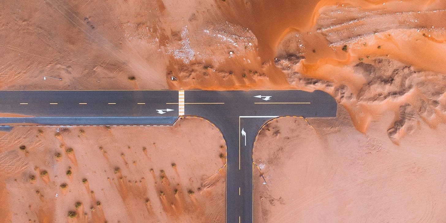 An intersection on a desert road. An intersection on a desert road.