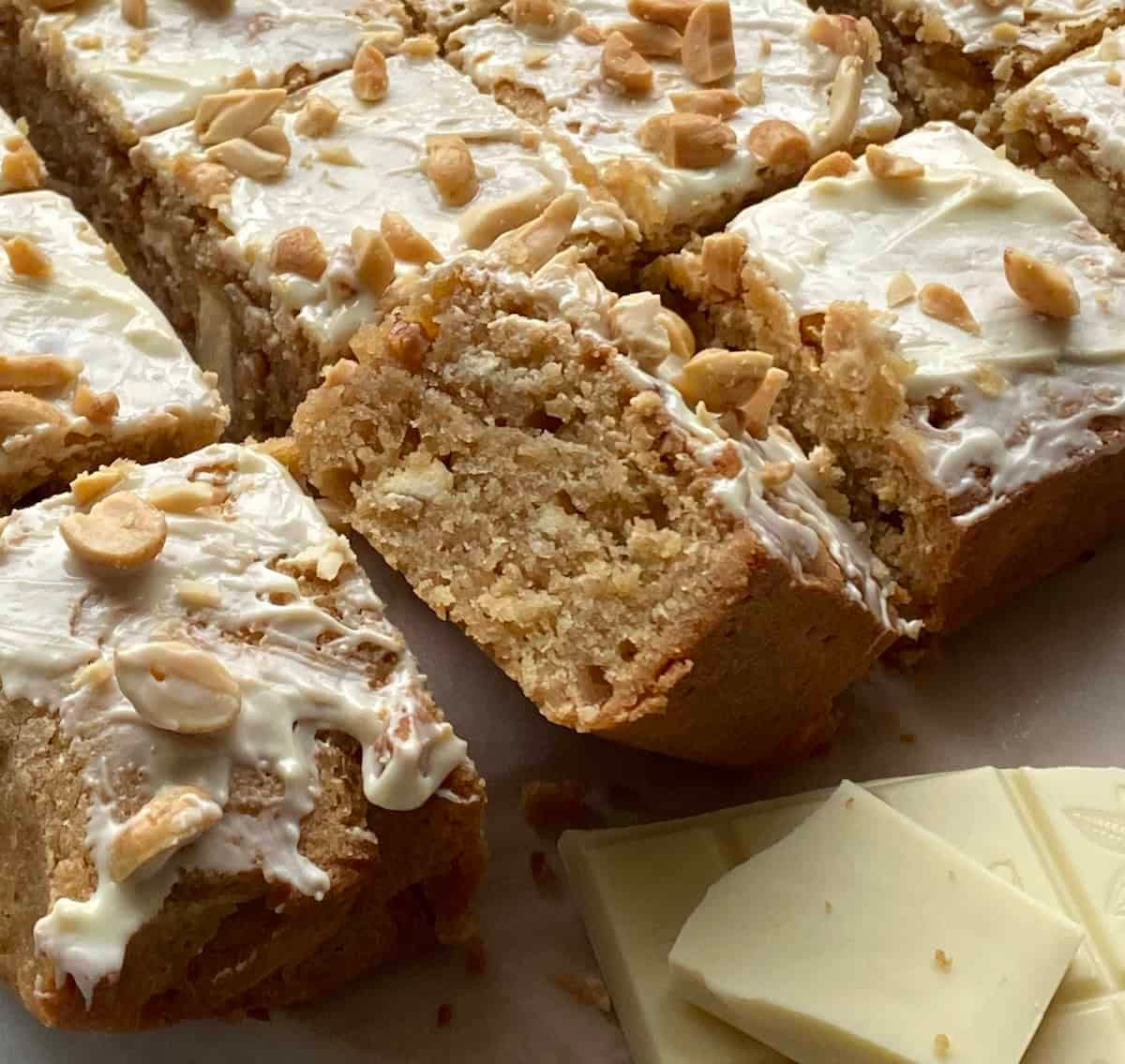Peanut butter and White Chocolate Blondies cut into slices. Peanut butter and White Chocolate Blondies cut into slices.