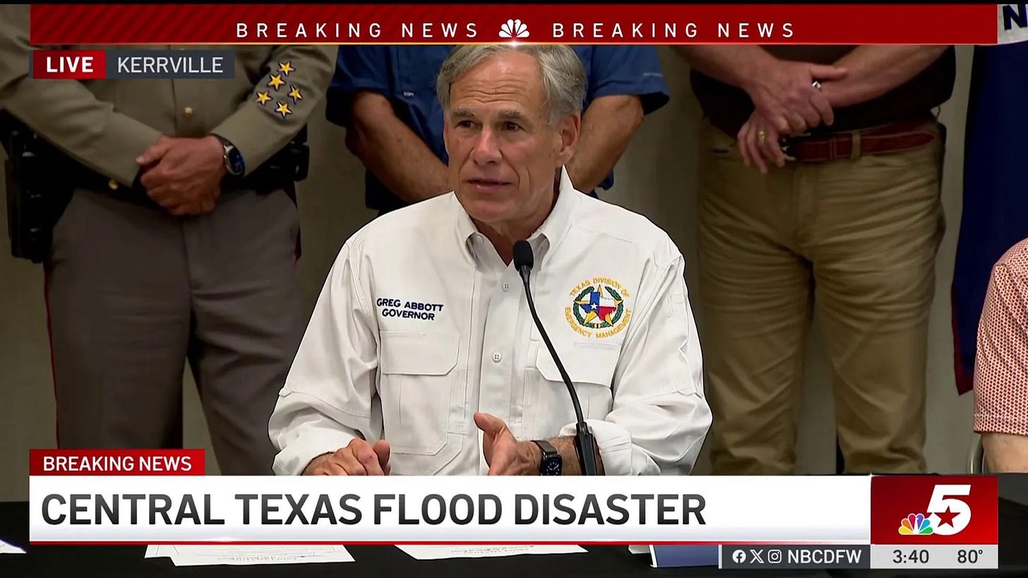 Governor Greg Abbott speaks about the flooding in Kerr County during a news conference in Kerrville, Texas on July 5, 2025.