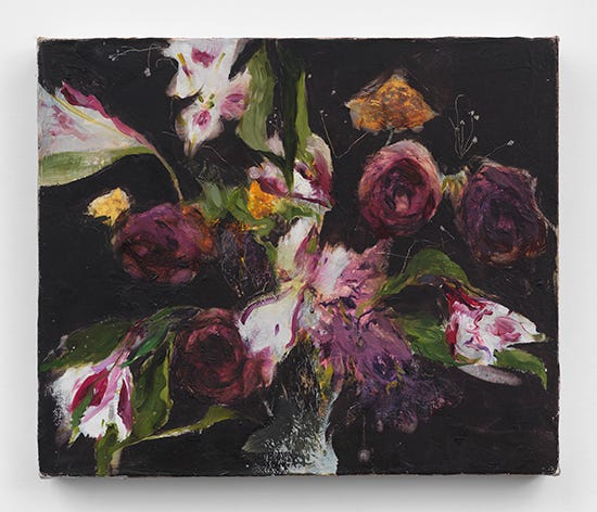 Untitled oil painting by Jennifer Packer, showing abstract purple and pink flowers against a black background. Untitled oil painting by Jennifer Packer, showing abstract purple and pink flowers against a black background.