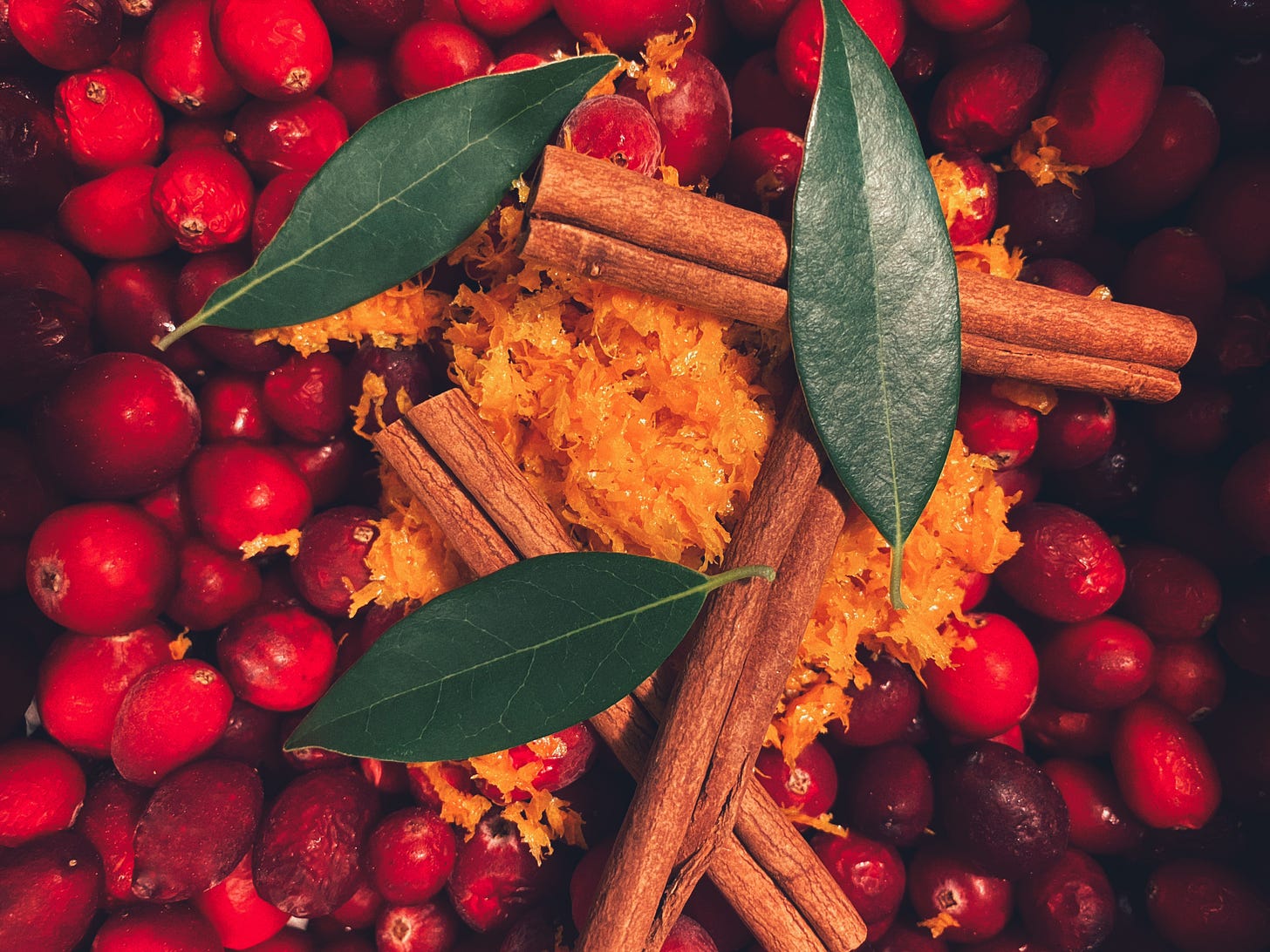 A photography of cranberries, orange peel, three cinnamon sticks, and three bay leaves all before being made into cranberry sauce.