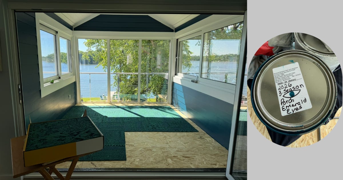 Office repainted with a color rename Emerald Eyes in honor of the novel by Caroline Langer, subfloor installed, carpet tiles going in.