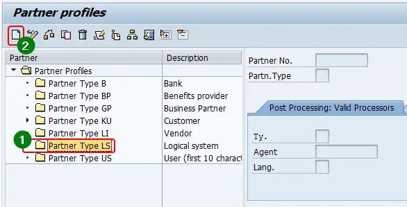 Create a new Logical System in we20 transaction. Select the Partner profile type as LS and click create.