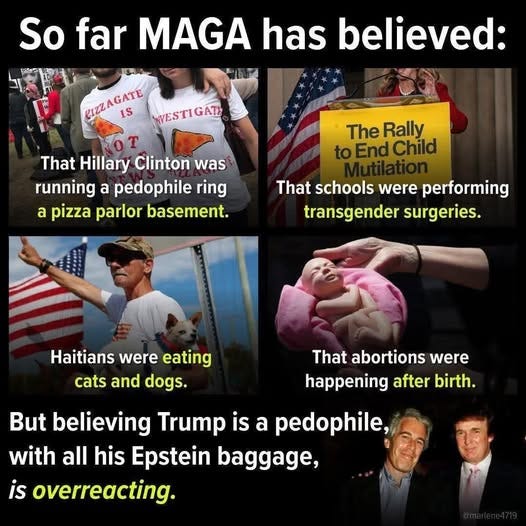 May be an image of 9 people and text that says 'So far MAGA has believed: μινΛεΑ IS WWESTIGAT T That Hillary Clinton was running a pedophile ring a pizza parlor basement. The Rally to End Child That schools were performing transgender surgeries. Haitians were eating cats and dogs. That abortions were happening after birth. But believing Trump Trump is a pedophile, with all his Epstein baggage, is overreacting.'