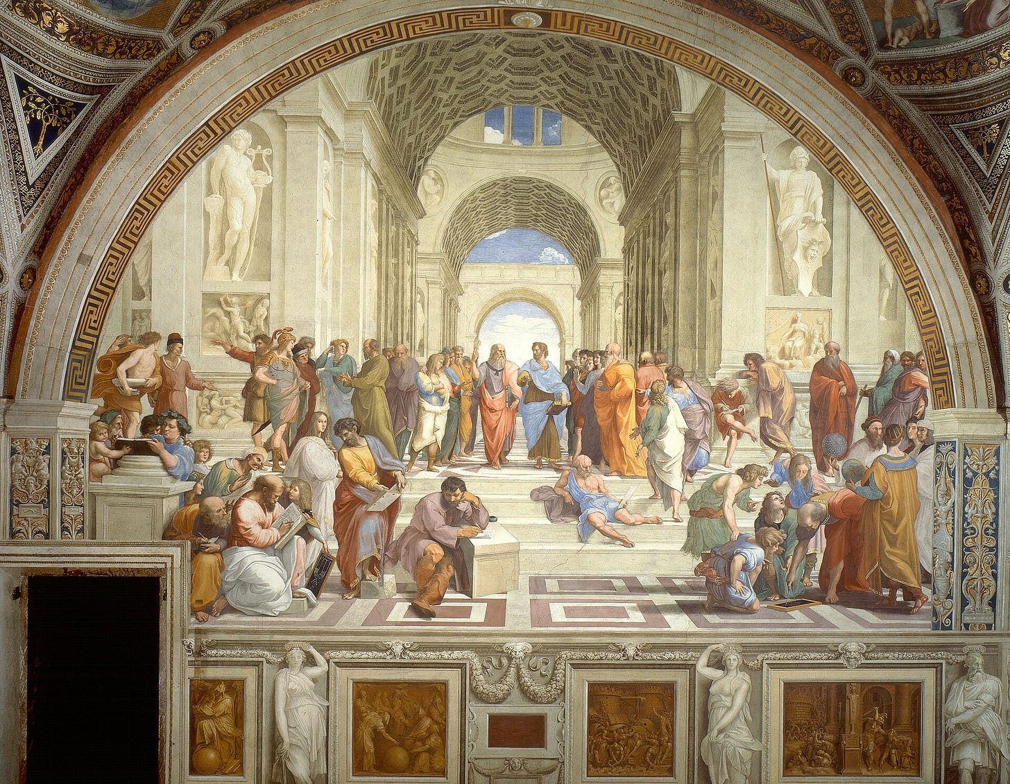 Raphael fresco The School of Athens showing philosophers gathered under a domed hall in the Vatican