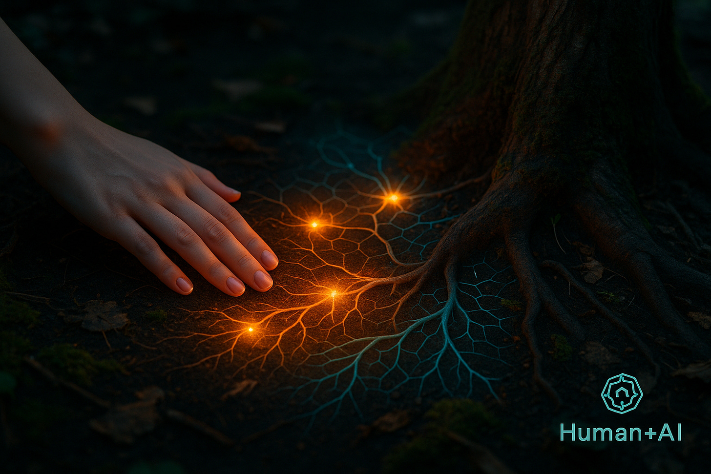 A close-up of a feminine hand gently resting on a forest floor at twilight. Bioluminescent mycelium roots glow in orange and teal, branching outward like a living network. Subtle geometric nodes shimmer within the roots, hinting at digital circuitry. The Human+AI logo glows softly in the bottom right corner, integrated into the organic light. The mood is hopeful and biophilic, blending nature with technology.