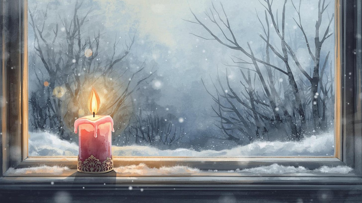 Watercolor illustration of a pink candle glowing warmly on a windowsill with snow falling softly outside.