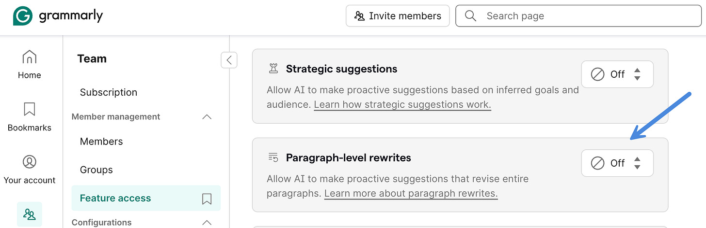 Turn off AI paragraph-level rewrites in Grammarly