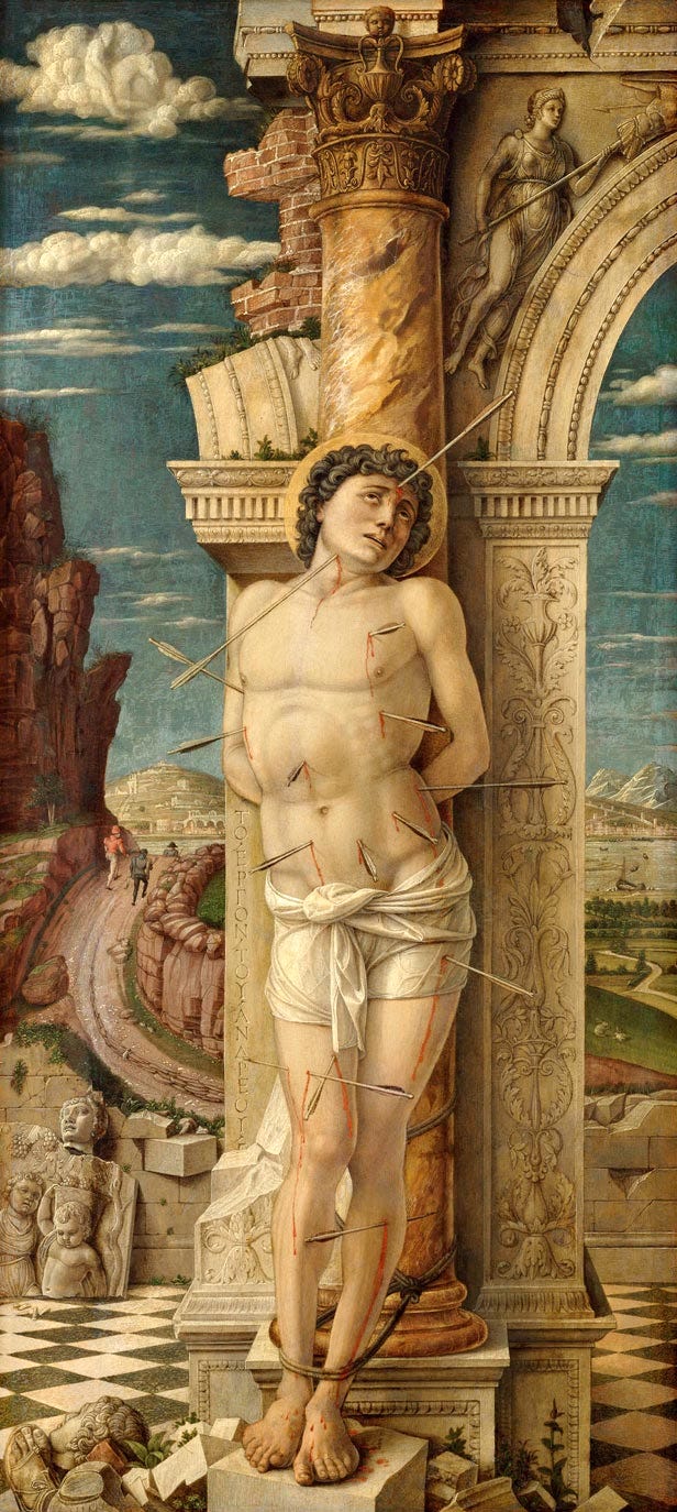 Andrea Mantegna, Saint Sebastian, the martyr tied to a broken column and pierced with arrows Andrea Mantegna, Saint Sebastian, the martyr tied to a broken column and pierced with arrows