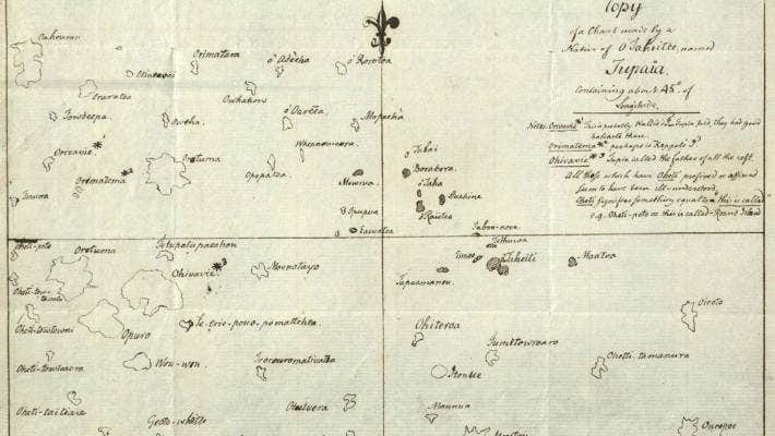 Tupaia's first draft map of the Pacific. Tupaia used the centre of his map as north, or noon, and the readings from north changed depending on which island you were on.
