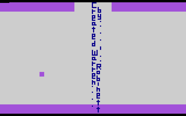 We see the hidden room in Atari Adventure (1980) The player avatar [square] is onscreen alongside to columns of text that run from the top to the bottom of the Screen. The first vertical column reads “CREATED WARREN ….” and the second vertical column reads “BY . . . . | . . ROBINETT.” They combine vidually to form the message “CREATED BY | WARREN ROBINETT.”