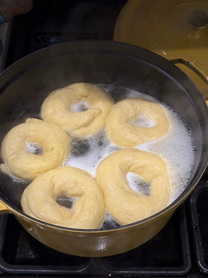 bagels before being boiled and while being boiled