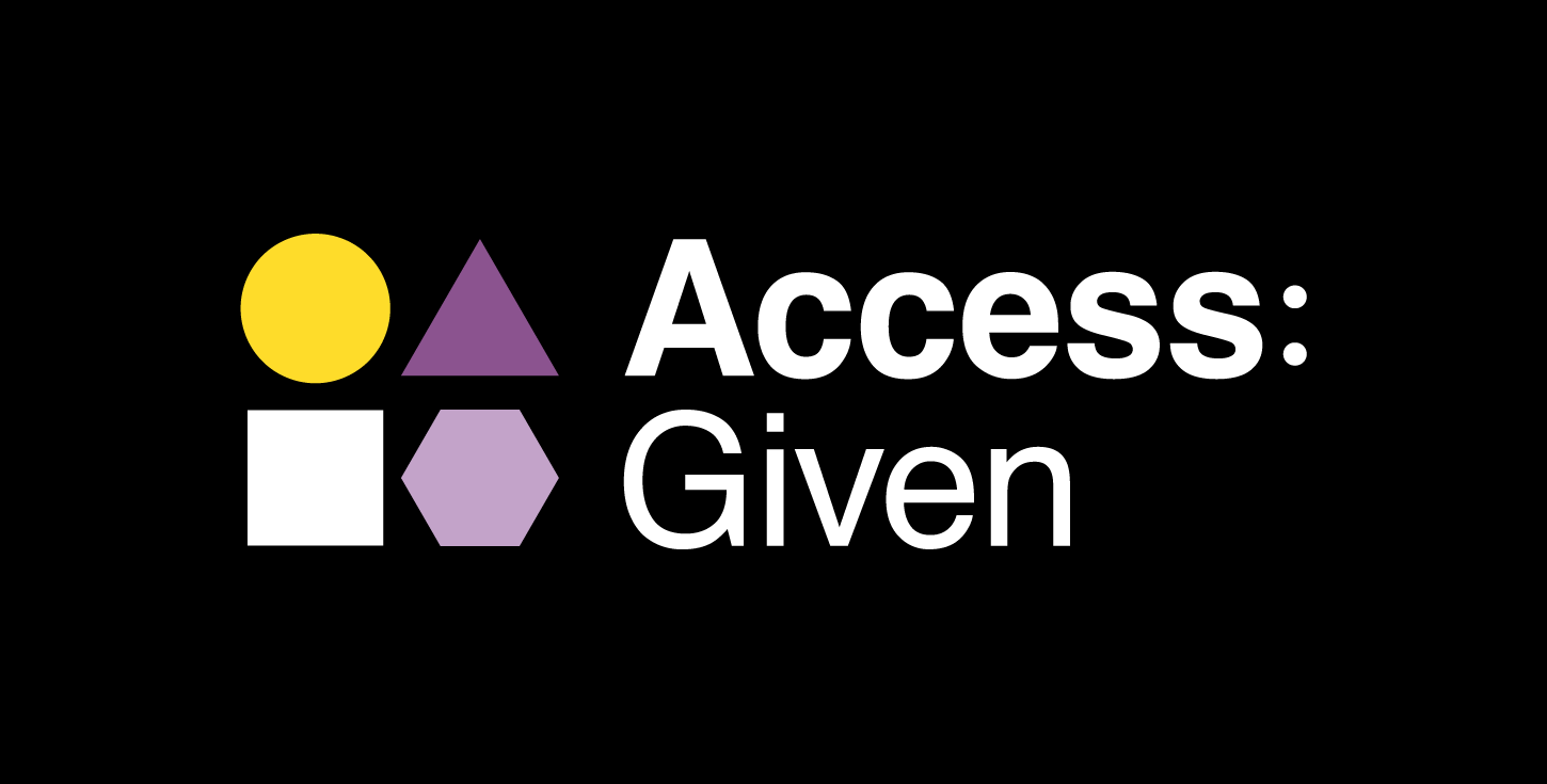 White logo on a black background, text says: Access:Given. On the left, there are purple and yellow shapes.