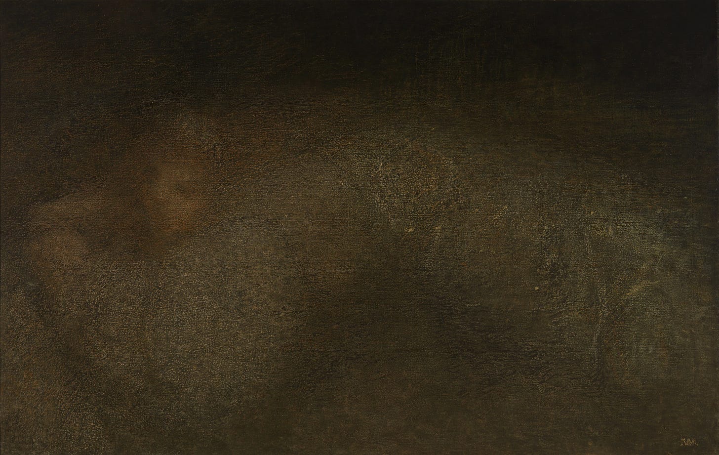 Very dark moody painting where a woman's face can be seen almost through mist