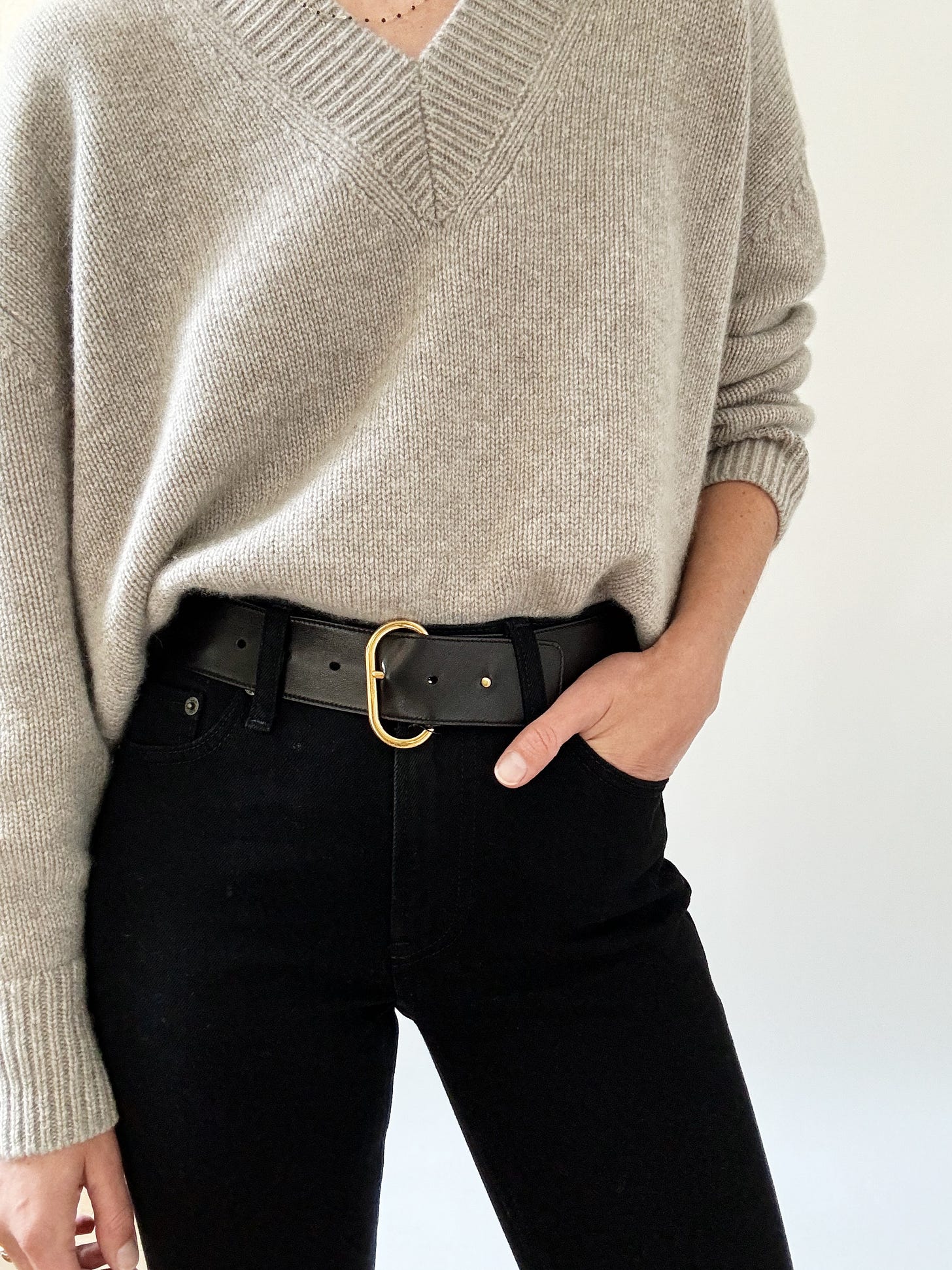 Allude v-neck sweater, black Saint Laurent belt, black Gap denim Allude v-neck sweater, black Saint Laurent belt, black Gap denim