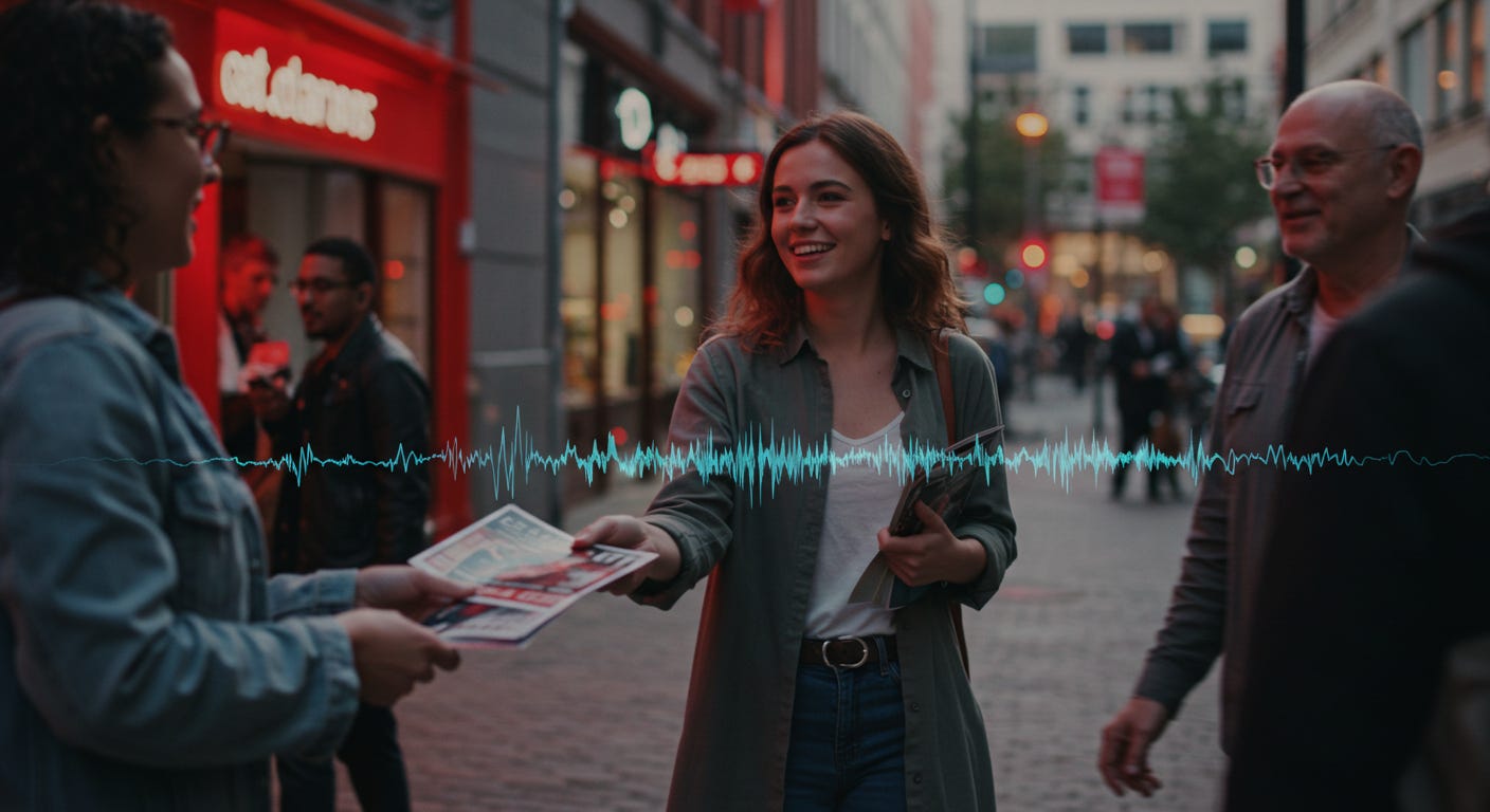 Woman passing out a flyer depicting shareability