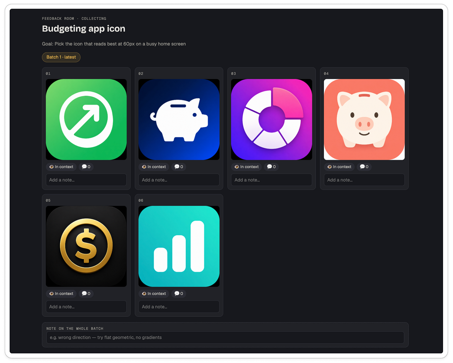 Creative Feedback Loop room comparing six budgeting app icon directions designed to stay clear at 60px on a busy home screen.