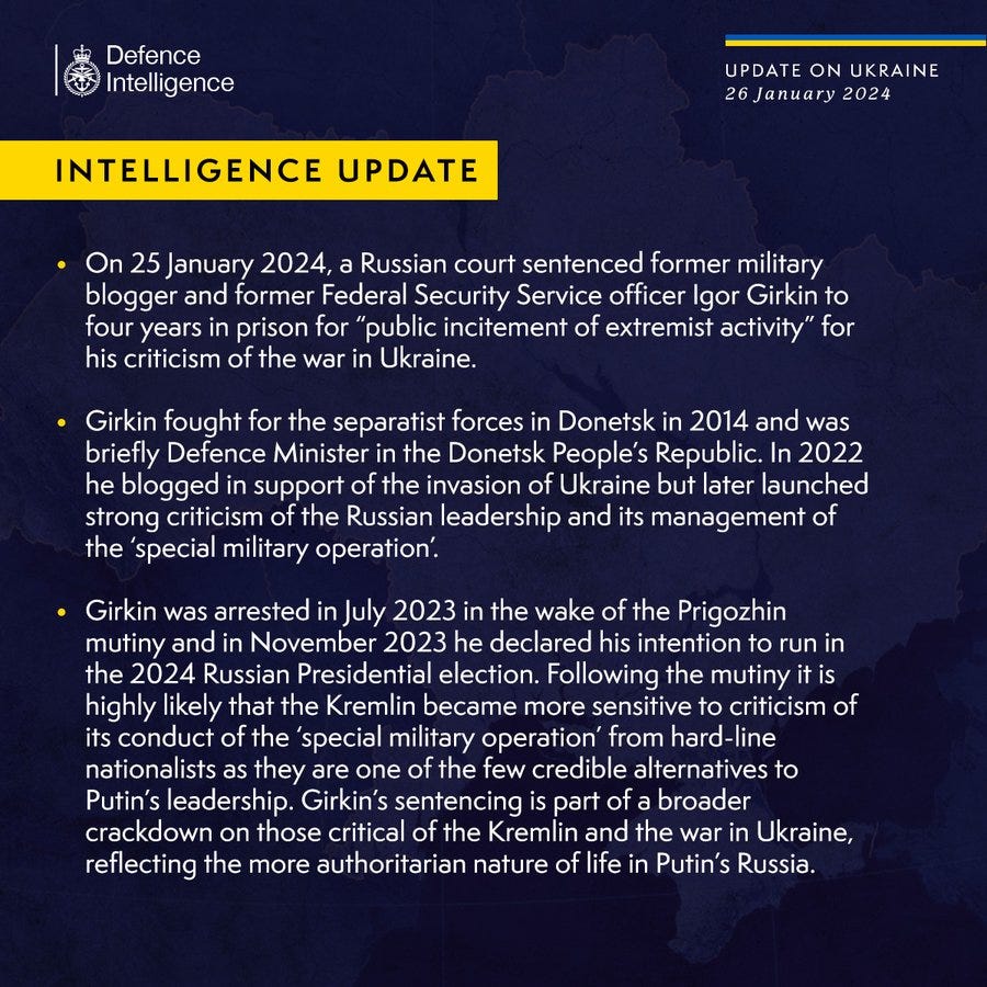 On 25 January 2024, a Russian court sentenced former military blogger and former Federal Security Service officer Igor Girkin to four years in prison for “public incitement of extremist activity” for his criticism of the war in Ukraine.

Girkin fought for the separatist forces in Donetsk in 2014 and was briefly Defence Minister in the Donetsk People’s Republic. In 2022 he blogged in support of the invasion of Ukraine but later launched strong criticism of the Russian leadership and its management of the ‘special military operation’.

Girkin was arrested in July 2023 in the wake of the Prigozhin mutiny and in November 2023 he declared his intention to run in the 2024 Russian Presidential election. Following the mutiny it is highly likely that the Kremlin became more sensitive to criticism of its conduct of the ‘special military operation’ from hard-line nationalists as they are one of the few credible alternatives to Putin’s leadership.