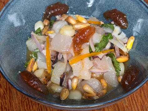 I ordered a two-course lunch at Awicha. The ceviche mixto featured cocoa mucilage. The duck marget featured beautifully cooked duck, potato puree, and a hearty salad. The Culpiña was a blend of pineapple and coriander.