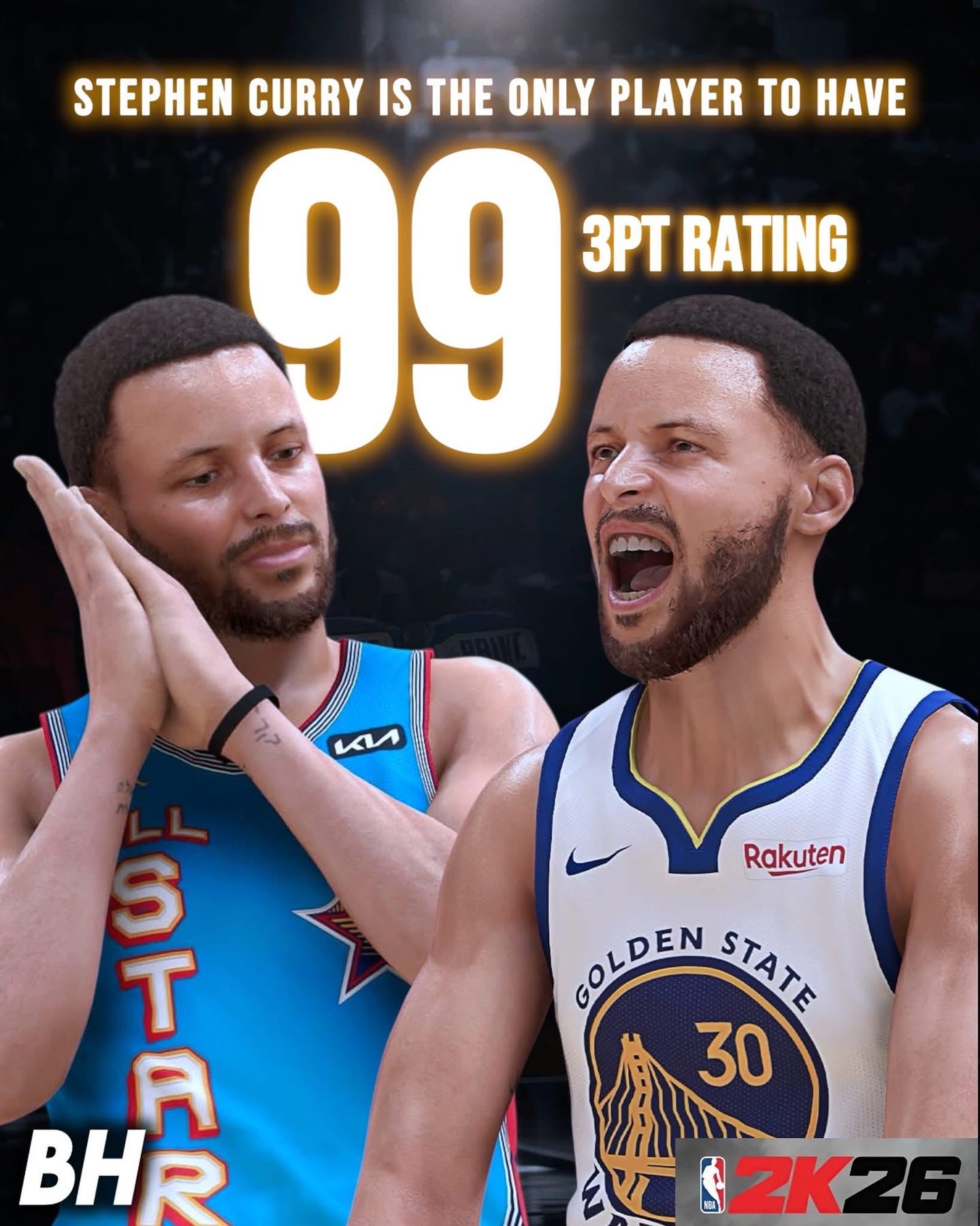 May be an image of ‎2 people, people playing basketball, ball, poster and ‎text that says '‎STEPHEN CURRY IS THE ONLY PLAYER TO HAVE 99 3PT RATING uM E9 Rakuten יל 구 A BHR GOLDEN STATE STATE 30 2K26‎'‎‎