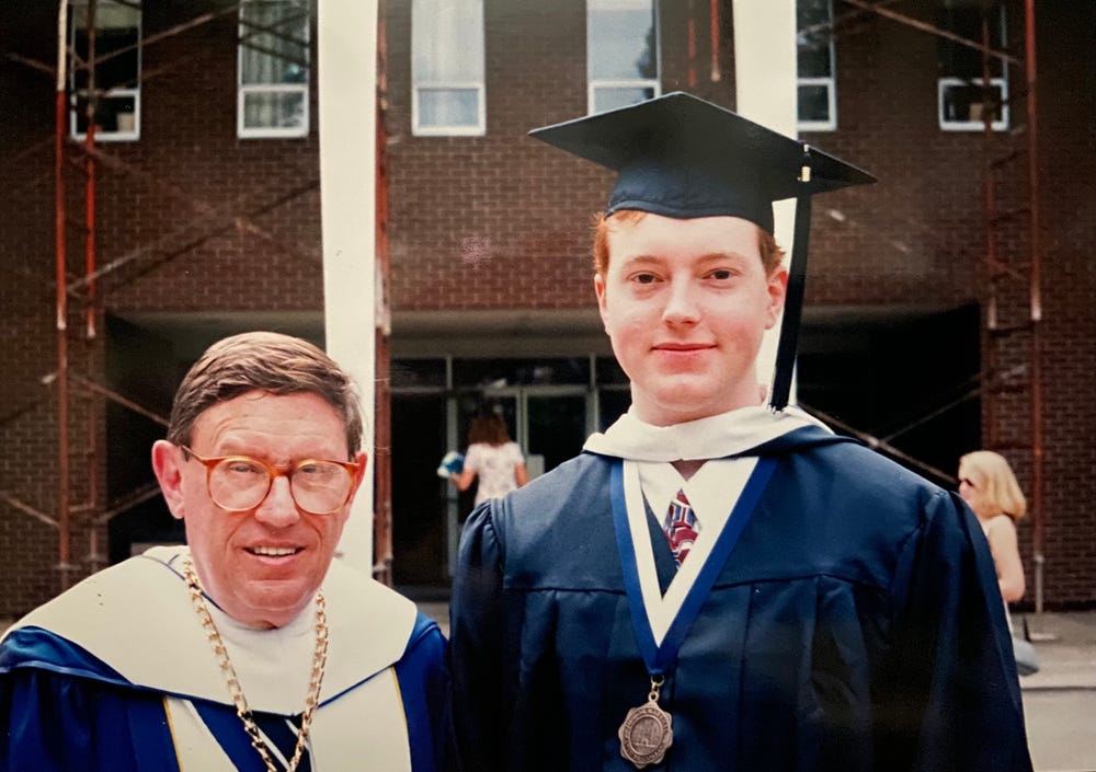 College Application Guy with then president of Catawba College, at graduation in 1998