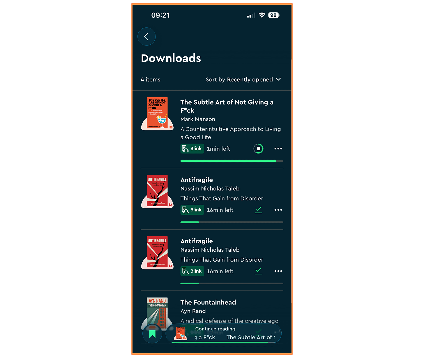 My Blinkist’s Downloads (mobile app + dark mode)