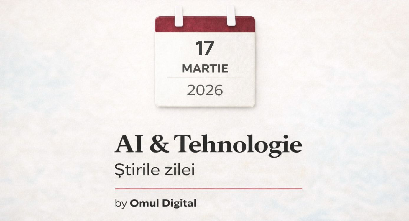 Banner editorial pentru rubrica AI & Tehnologie – Știrile zilei, cu un calendar minimalist ce afișează data curentă și branding Omul Digital, pe fundal deschis, curat.