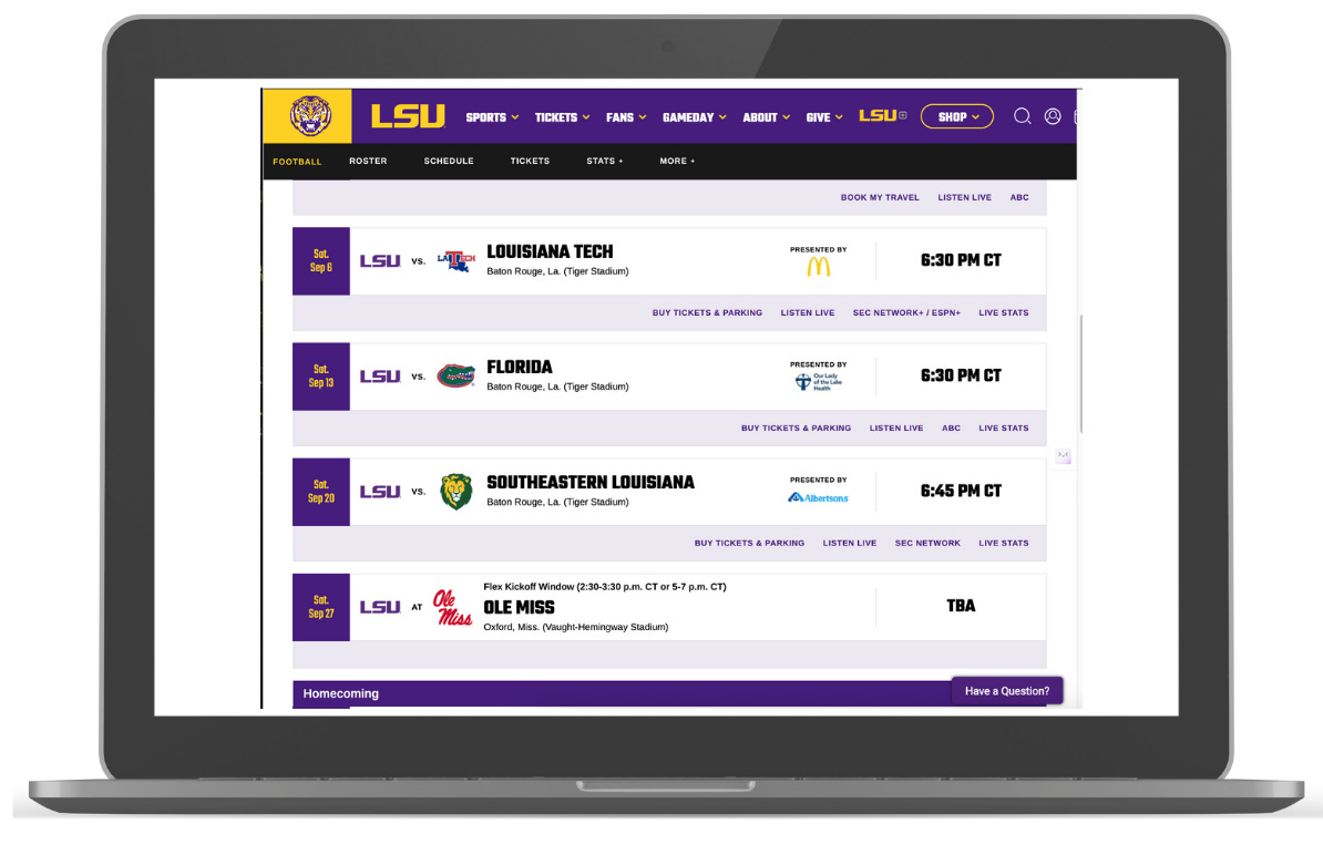 Screenshot of LSU Tigers 2025 football schedule from LSUsports.net showing 12 games with dates, opponents, times (many marked TBD), and TV networks