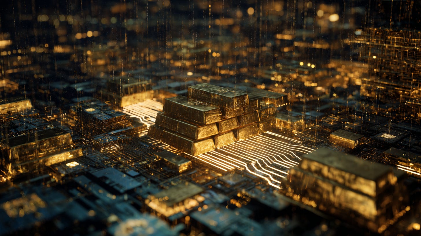 Digital gold economy concept showing glowing gold bars melting into circuit-like digital structures, symbolizing value transition from physical to digital assets.