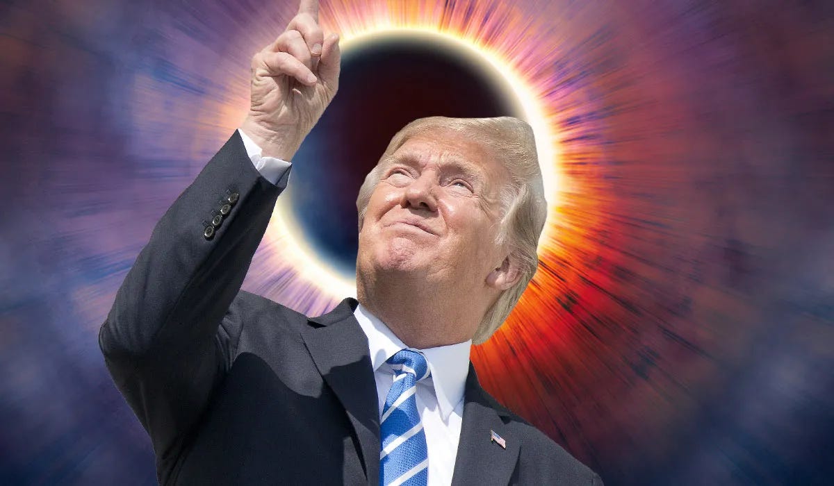 Donald Trump looks directly towards the Sun from the White House during the 2017 solar eclipse without protective glasses. Donald Trump looks directly towards the Sun from the White House during the 2017 solar eclipse without protective glasses.