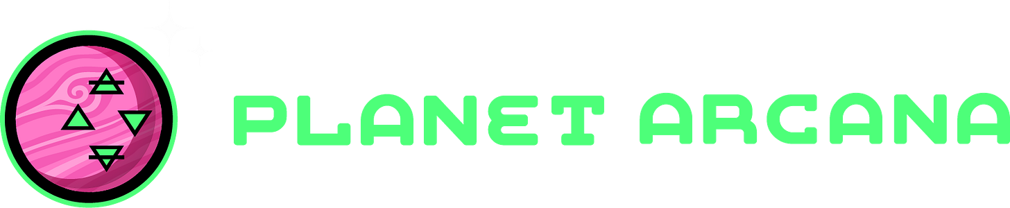 Pink and green planet face logo, green futuristic typeface reading, "Planet Arcana"