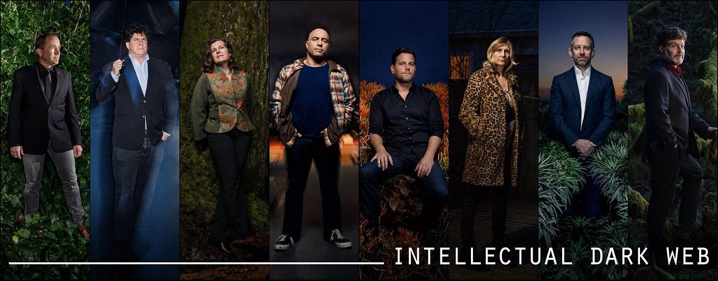 Original photos from the Bari Weiss profile article in NYT: https://www.nytimes.com/2018/05/08/opinion/intellectual-dark-web.html . Picture taken from: https://medium.com/@henziran/the-dangers-of-the-intellectual-dark-web-c398ad5d0a4c