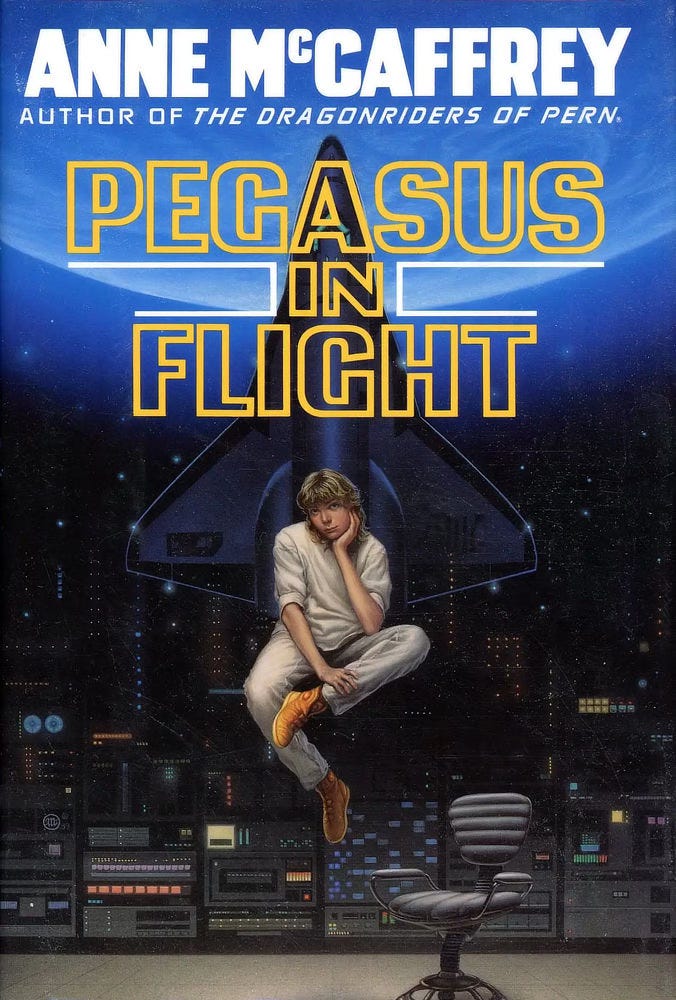 Book cover for PEGASUS IN FLIGHT by Anne McCaffrey, published by Del Rey Books