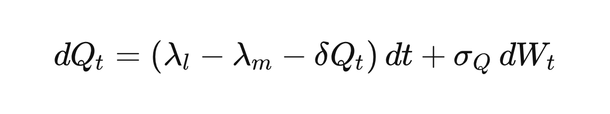 dQ_t = (\lambda_l - \lambda_m - \delta Q_t) \, dt + \sigma_Q \, dW_t dQ_t = (\lambda_l - \lambda_m - \delta Q_t) \, dt + \sigma_Q \, dW_t